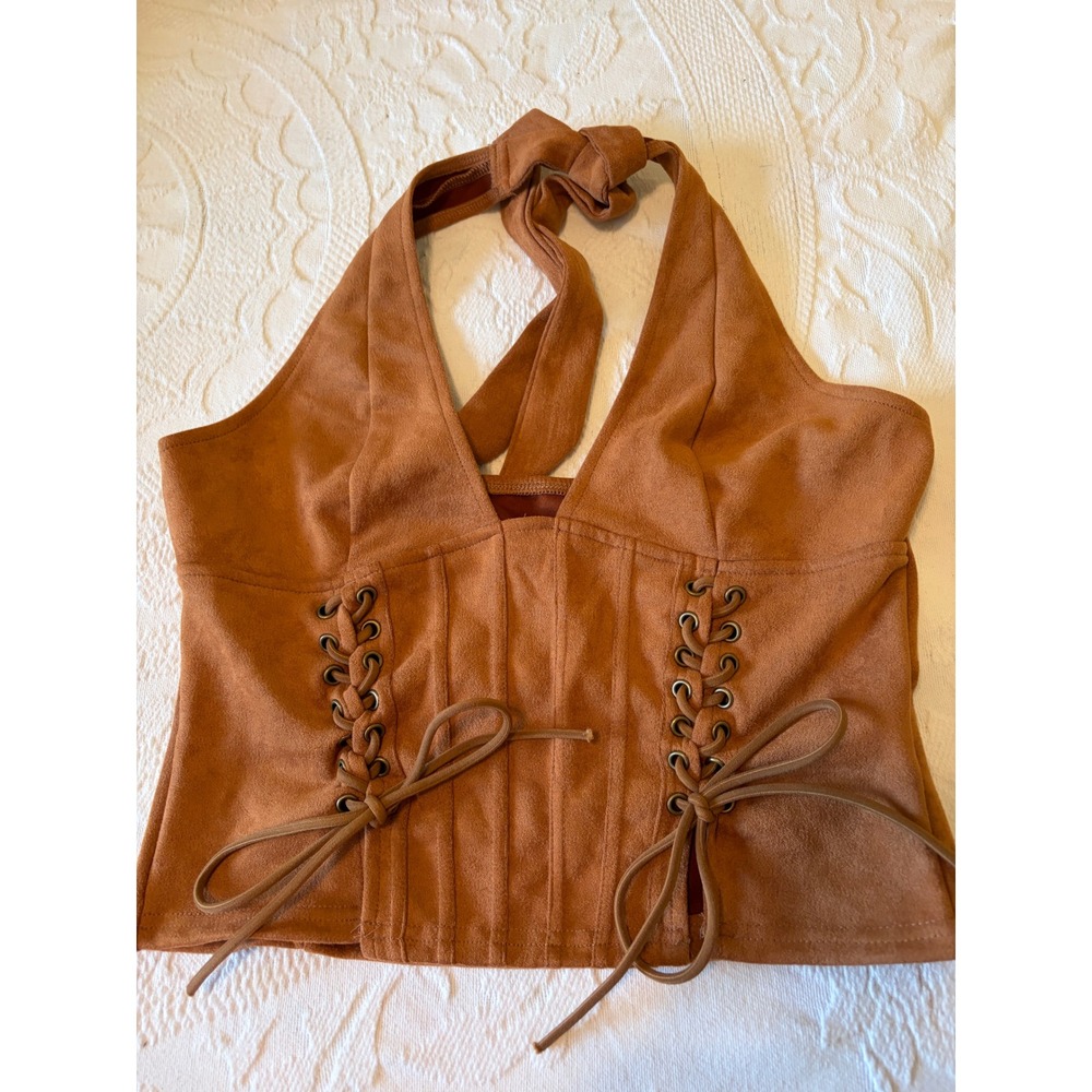 Faux Suede Lace Up Corset Halter Top Cognac Brown Festival Boho V-Neck